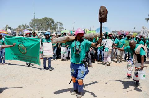 Members of South Africa's Association of Mineworkers and Construction Union (AMCU) chant slogans during a march to the Minerals Council of South Africa in Johannesburg, South Africa, January 22, 2019. PHOTO BY REUTERS/Siphiwe Sibeko