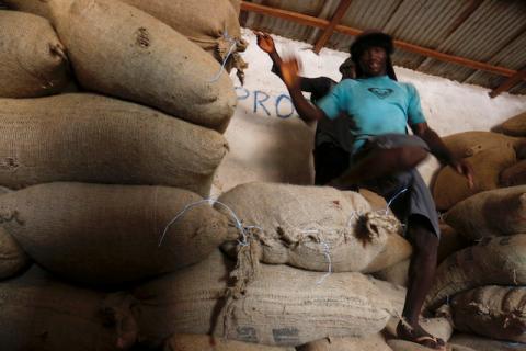 Workers are seen in a cocoa bags warehouse in Issia, in southwestern Ivory Coast, December 4, 2019. PHOTO BY REUTERS/Thierry Gouegnon