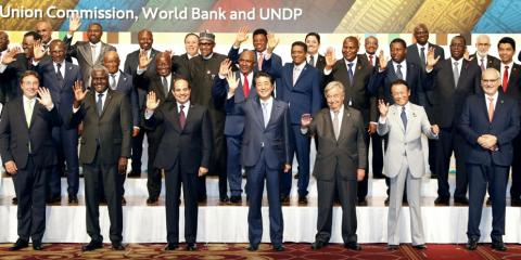 Japan's Prime Minister Shinzo Abe and Finance Minister Taro Aso pose for a photo with African Union chairperson and Egyptian President Abdel Fattah al-Sisi, United Nations Secretary General Antonio Guterres, other leaders of African nations and representatives of international organisations during the seventh Tokyo International Conference on African Development (TICAD) in Yokohama, south of Tokyo, Japan, August 28, 2019. PHOTO BY REUTERS