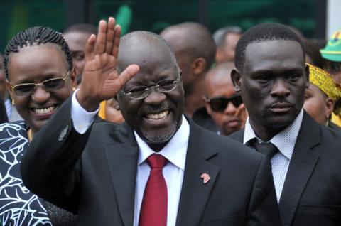 Tanzania's President elect John Pombe Magufuli salutes members of the ruling Chama Cha Mapinduzi Party (CCM) at the party's sub-head office on Lumumba road in Dar es Salaam, October 30, 2015. PHOTO BY REUTERS/Sadi Said