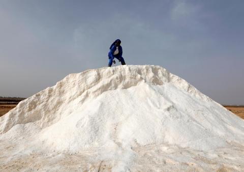 Marie Diouf, aka Salt Queen, stands on her harvested salt at her production site in Ndiemou on the outskirts of Fatick, Senegal, May 15, 2019. PHOTO BY REUTERS/Zohra Bensemra