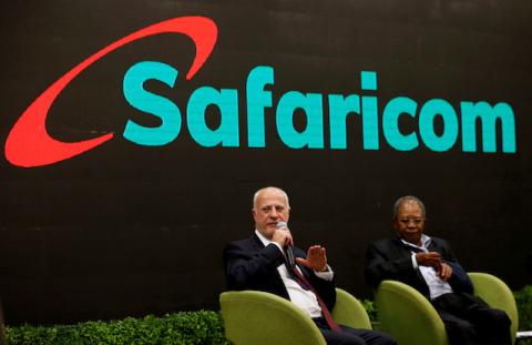 Safaricom Chief Executive Officer (CEO) Michael Joseph flanked by Safaricom chairman Nicholas Ng'ang'a addresses an investor briefing at their headquarters in Nairobi, Kenya, November 1, 2019. PHOTO BY REUTERS/Thomas Mukoya