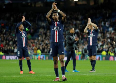 Paris St Germain's Presnel Kimpembe applauds the fans after the match. PHOTO BY REUTERS/Susana Vera