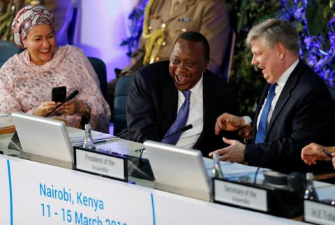 Kenya's President Uhuru Kenyatta shares a moment with UN Deputy Secretary General Amina Mohammed and Siim Kiisler, Minister of Environment of Estonia and President of the UN Environment Assembly, during the United Nations Environment Assembly (UNEA) in Gigiri within Nairobi, Kenya, March 14, 2019. PHOTO BY REUTERS/Thomas Mukoy