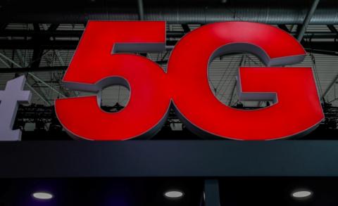 A 5G sign is seen during the Mobile World Congress in Barcelona, Spain, February 28, 2018. PHOTO BY REUTERS/Yves Herman