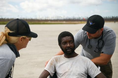 Abaco resident Bernard Forbes is evacuated from the island by Global Support and Development personnel at the airport in the wake of Hurricane Dorian in Marsh Harbour, Great Abaco, Bahamas, September 8, 2019. PHOTO BY REUTERS/Loren Elli