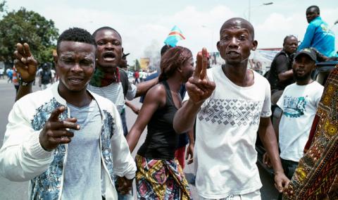 Congolese opposition activists gesture during a march to press President Joseph Kabila to step down in the Democratic Republic of Congo's capital Kinshasa, September 19, 2016. PHOTO BY REUTERS/Stringer