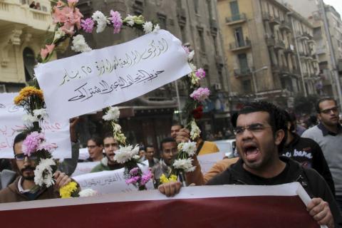 Socialist Popular Alliance Party (SPAP) activists chant slogans during a protest in Cairo, January 24, 2015. PHOTO BY REUTERS/Al Youm Al Saabi Newspaper