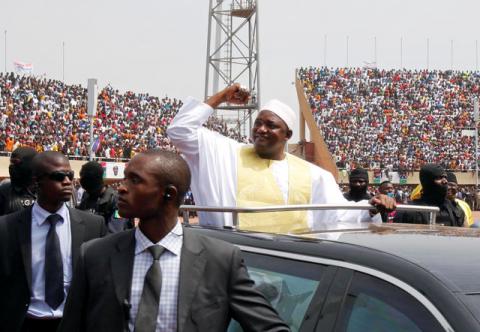 Gambian President Adama Barrow arrives for the swearing-in ceremony and the Gambia's Independence Day at the Independence Stadium, in Bakau, Gambia, February 18, 2017. PHOTO BY REUTERS/Thierry Gouegnon