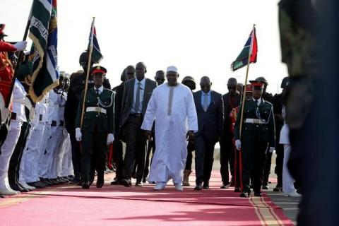 Gambia's President Adama Barrow inspects a guard of honour upon his arrival in Banjul, Gambia, January 26, 2017. PHOTO BY REUTERS/Afolabi Sotunde