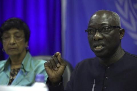 United Nations Special Advisor for the Prevention of Genocide and Special Advisor for the Prevention of Genocide, Adama Dieng (R) addresses a news conference at the U.N. base in Juba, April 30, 2014. PHOTO BY REUTERS/Carl Odera