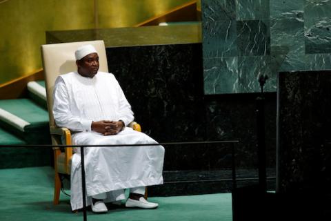 Gambia's President Adama Barrow sits in the chair reserved for heads of state before delivering his address during the 73rd session of the United Nations General Assembly at U.N. headquarters in New York, U.S., September 25, 2018. PHOTO BY REUTERS/Eduardo Munoz