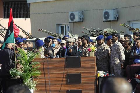 Al Qaqaa brigade commander Othman Mlekta (C) gives a speech during a handing over ceremony of Zintan's al Qaqaa brigades' base to the army