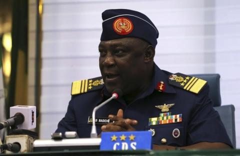 New Chief of Defence Staff, Air Marshal Alex Badeh, speaks during a handing over ceremony in Abuja