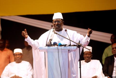 Aliou Diallo, leader of the Democratic Alliance for Peace (Alliance Democratique pour la Paix, or ADP-MALIBA) party, speaks during a protest against what they say were irregularities in the first-round vote count, inside the cultural palace of Bamako, Mali, August 7, 2018. PHOTO BY REUTERS/Luc Gnago