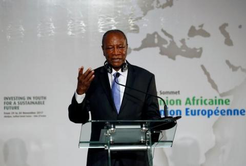 Guinea's President and President of the African Union Alpha Conde gestures as he speaks during a news conference at the closing session of the 5th African Union - European Union (AU-EU) summit in Abidjan, Ivory Coast, November 30, 2017. PHOTO BY REUTERS/Luc Gnago