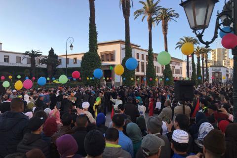 Amazigh people celebrate their new year outside the parliament with calls on the state to recognise the day as an official holiday and protect their language in Rabat, Morocco January 12, 2019. Picture taken January 12, 2019. PHOTO BY REUTERS/Ahmed ElJechtimi