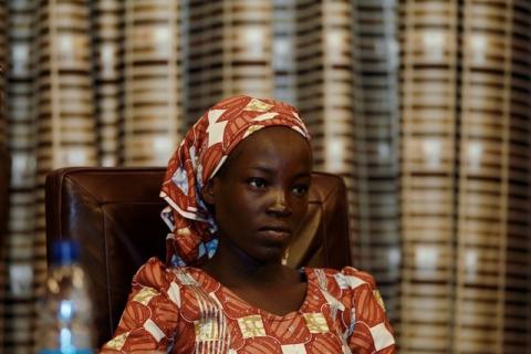 Amina Ali Darsha Nkeki, a Nigerian schoolgirl rescued after over two years of captivity with Boko Haram militants, looks on while visiting President Muhammadu Buhari in Abuja, Nigeria, May 19, 2016. PHOTO BY REUTERS/Afolabi Sotunde