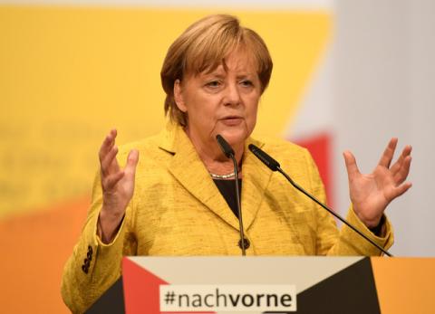 German Chancellor Angela Merkel makes a speech during a Lower Saxony's regional election campaign in Hildesheim, Germany, September 27, 2017. PHOTO BY REUTERS/Fabian Bimmer