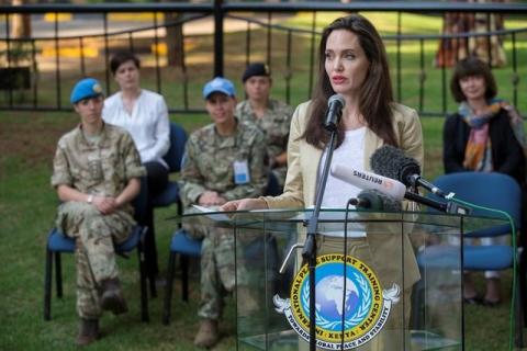 U.S. Actress and UNHCR Special Envoy Angelina Jolie delivers a statement in front of the sexual and gender-based violence prevention course at The International Peace Support Training Centre in Nairobi, Kenya, June 20, 2017. REUTERS/Baz Ratner