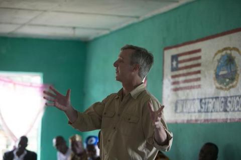 Anthony Banbury, Special Representative and Head of the United Nations Mission for Ebola Emergency Response to Liberia, speaks to district health officials and local leaders at Foya in Lofa County, October 2, 2014. PHOTO BY REUTERS/Christopher Black