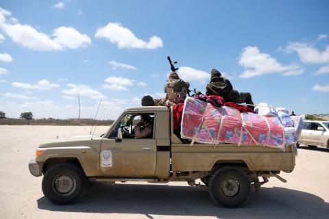 Libyan National Army (LNA) members, commanded by Khalifa Haftar, head out of Benghazi to reinforce the troops advancing to Tripoli, in Benghazi, Libya, April 7, 2019. PHOTO BY REUTERS/Esam Omran Al-Fetori