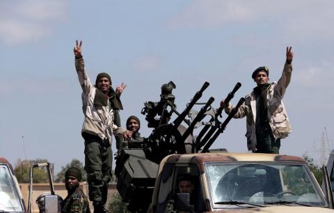 Libyan National Army (LNA) members, commanded by Khalifa Haftar, head out of Benghazi to reinforce the troops advancing to Tripoli, in Benghazi, Libya, April 7, 2019. PHOTO BY REUTERS/Esam Omran Al-Fetori