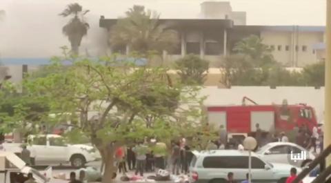 The site of suicide attack on Libyan electoral commission is seen in Tripoli, Libya, May 2, 2018 in this still picture obtained from social media video. PHOTO BY REUTERS/AL NABAA CHANNEL