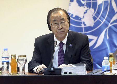 United Nations Secretary General Ban Ki-moon listens during a news conference with Salim al-Jabouri, speaker of the Iraqi Council of Representatives, in Baghdad, March 30, 2015. PHOTO BY REUTERS/Karim Kadim