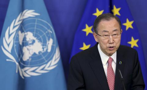 United Nations Secretary General Ban Ki-moon talks to the media after meeting European Commission President Jose Manuel Barroso (unseen) at the EU Commission headquarters in Brussels