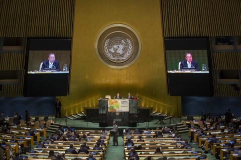 United Nations Secretary General Ban Ki-moon speaks during the closing of the Climate Summit at the United Nations headquarters in New York