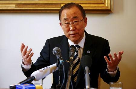 United Nations Secretary-General Ban Ki-moon gestures during a news conference as he attends a meeting about climate change and sustainable development at the Vatican, April 28, 2015. PHOTO BY REUTERS/Tony Gentile