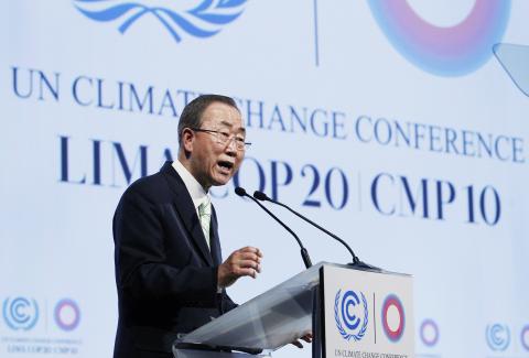 United Nations Secretary-General Ban Ki-moon delivers a speech during the High Level Segment of the U.N. Climate Change Conference COP 20 in Lima, December 10, 2014. PHOTO BY REUTERS/Enrique Castro-Mendivil