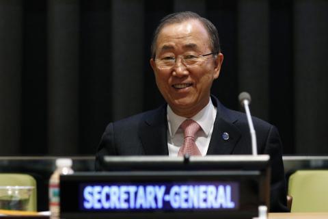 United Nations Secretary General Ban Ki-moon attends the 69th General Assembly before Turkish Prime Minister Ahmet Davutoglu addressed the United Nations General Assembly at the U.N. headquarters in New York, March 6, 2015. PHOTO BY REUTERS/Eduardo Munoz