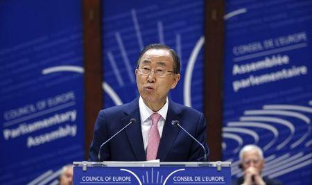 United Nations Secretary-General Ban Ki-moon addresses the Parliamentary Assembly of the Council of Europe in Strasbourg, France, June 23, 2015. PHOTO BY REUTERS/Vincent Kessler