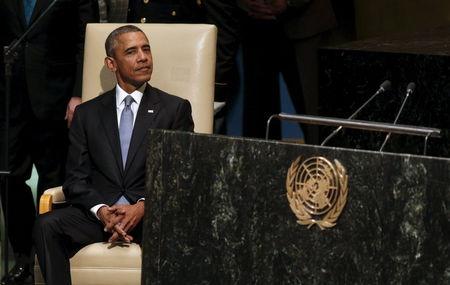 U.S. President Barack Obama sits while being introduced to address the United Nations General Assembly in New York, September 28, 2015. PHOTO BY REUTERS/Kevin Lamarque