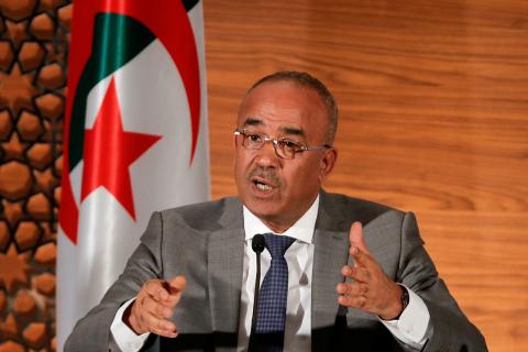 Algeria's newly appointed prime minister, Noureddine Bedoui, speaks during a joint news conference with deputy prime minister Ramtane Lamamra, in Algiers, Algeria, March 14, 2019. PHOTO BY REUTERS/Zohra Bensemra