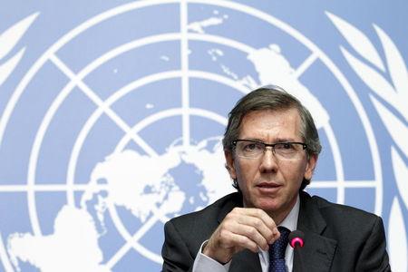 Special Representative of the Secretary-General for Libya and Head of United Nations Support Mission in Libya (UNSMIL) Bernardino Leon speaks at the Palais des Nations in Geneva, August 11, 2015. PHOTO BY REUTERS/Pierre Albouy