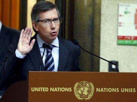 Special Representative of the Secretary-General for Libya and Head of United Nations Support Mission in Libya (UNSMIL) Bernardino Leon listens to a reporter's question during a news conference after a meeting at the Palais des Nations in Geneva, Switzerland, September 4, 2015. PHOTO BY REUTERS/Denis Balibouse