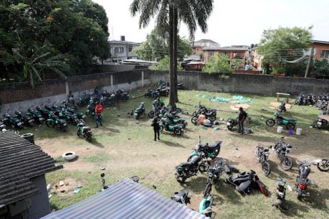 Several bikes are seen parked within the premises of Gokada bike company in Lagos, Nigeria, May 3, 2019. PHOTO BY REUTERS/Temilade Adelaja