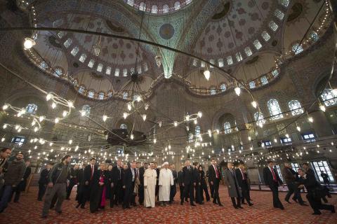 Pope Francis is shown the Sultan Ahmet mosque, popularly known as the Blue Mosque, by Mufti of Istanbul, Rahmi Yaran, during his visit to Istanbul, November 29, 2014. PHOTO BY REUTERS/Osservatore Romano