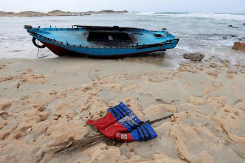 A boat used by migrants is seen near the western town of Sabratha, Libya, March 19, 2019. PHOTO BY REUTERS/Ismail Zitouny