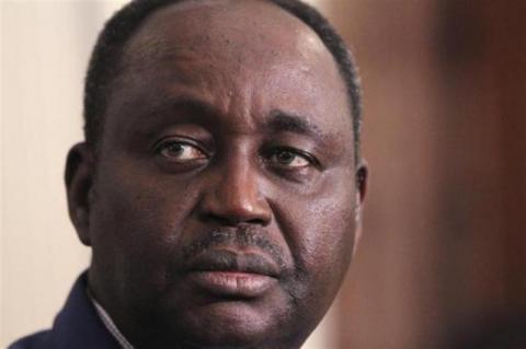 Former Central African president Francois Bozize looks on during a news conference at the presidential palace in Bangui