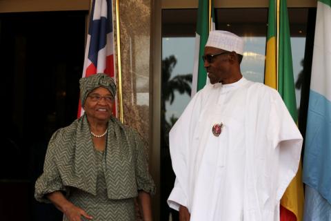 Nigerian President Muhammadu Buhari receives Liberia's President Ellen Johnson-Sirleaf during the special meeting of Ecowas delegations on Gambia election crisis in Abuja, Nigeria, January 9, 2017. PHOTO BY REUTERS/Afolabi Sotunde