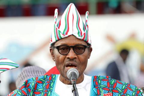 Nigeria's President Muhammadu Buhari addresses his supporters during a campaign rally ahead of the country's presidential election in Lagos, Nigeria, February 9, 2019. PHOTO BY REUTERS/Temilade Adelaja