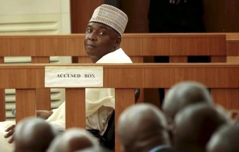 Nigeria Senate President Bukola Saraki sits at the Code of Conduct Tribunal at Darki Biu, Jabi Abuja, Nigeria, September 22, 2015. PHOTO BY REUTERS/Afolabi Sotunde