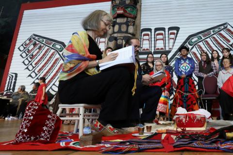 The chief commissioner, Marion Buller prepares to handover the final report during the closing ceremony of the National Inquiry into Missing and Murdered Indigenous Women and Girls in Gatineau, Quebec, Canada, June 3, 2019. PHOTO BY REUTERS/Chris Wattie