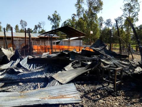 Burned structures are seen after attackers set fire to an Ebola treatment center run by Medecins Sans Frontieres (MSF) in the east Congolese town of Katwa, Democratic Republic of Congo, February 25, 2019. PHOTO BY REUTERS/Laurie Bonnaud/MSF/Handout 