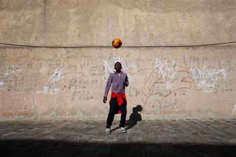 Brunel, a 14-year-old from Cameroon, plays football in Spain's north African enclave Melilla