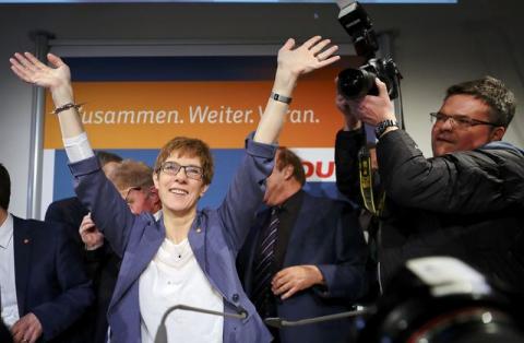 Annegret Kramp-Karrenbauer, State Minister-President and top candidate of the Christian Democratic Union Party (CDU) reacts after the Saarland state elections in Saarbruecken, Germany, March 26, 2017. PHOTO BY REUTERS/Kai Pfaffenbach